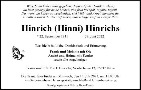Traueranzeige von Hinrich Hinrichs von Emder Zeitung