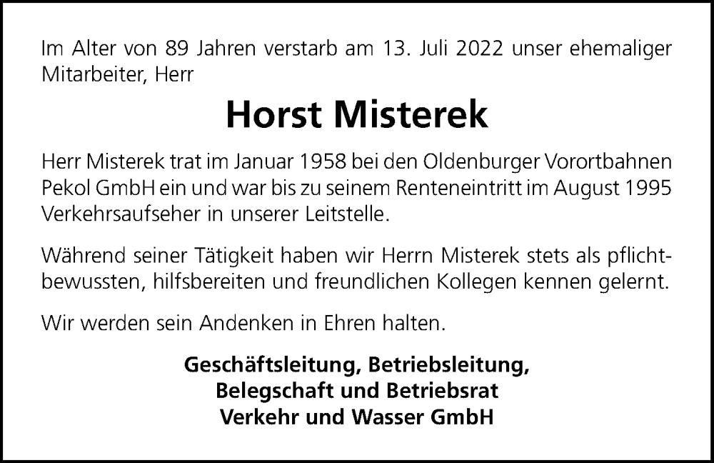  Traueranzeige für Horst Misterek vom 23.07.2022 aus Nordwest-Zeitung