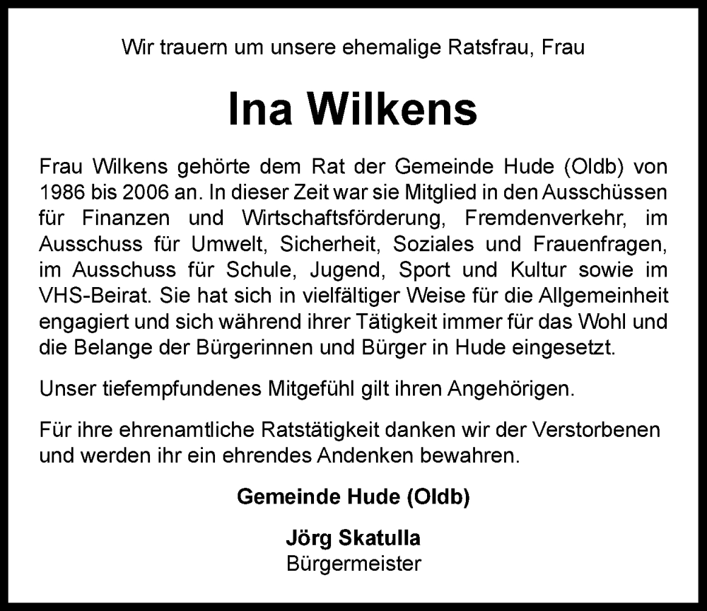  Traueranzeige für Ina Wilkens vom 23.07.2022 aus Nordwest-Zeitung