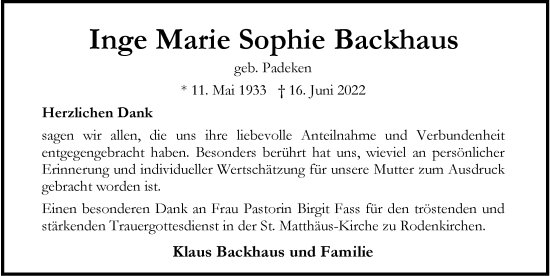 Traueranzeige von Inge Marie Sophie Backhaus von Nordwest-Zeitung