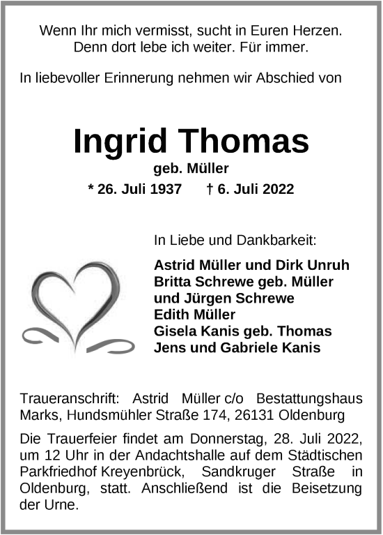 Traueranzeige von Ingrid Thomas von Nordwest-Zeitung
