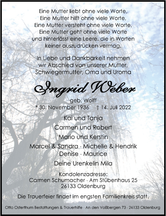 Traueranzeige von Ingrid Weber von Nordwest-Zeitung