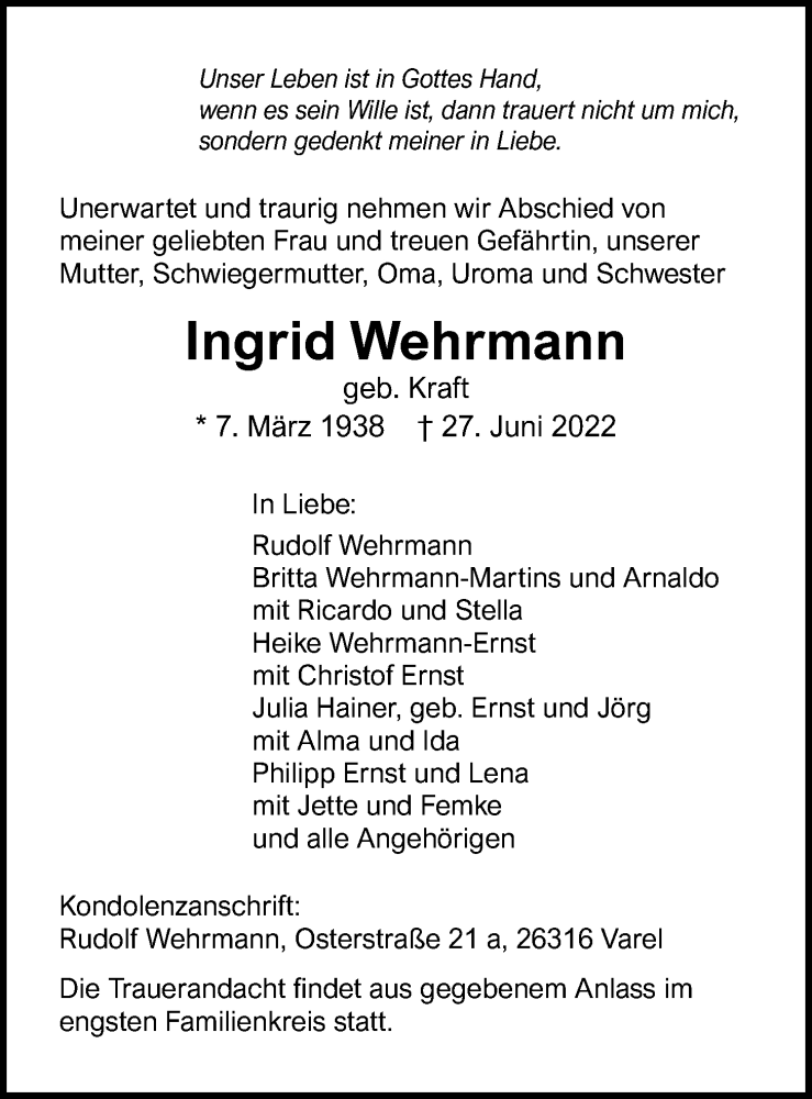  Traueranzeige für Ingrid Wehrmann vom 02.07.2022 aus Nordwest-Zeitung