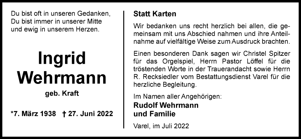  Traueranzeige für Ingrid Wehrmann vom 30.07.2022 aus Nordwest-Zeitung