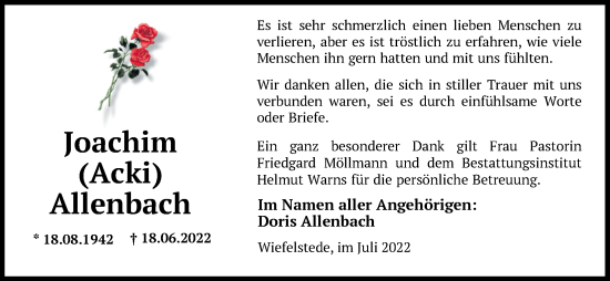 Traueranzeige von Joachim Allenbach von Nordwest-Zeitung