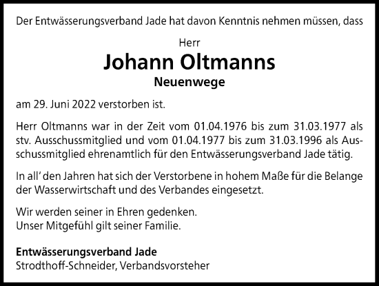 Traueranzeige von Johann Oltmanns von Nordwest-Zeitung