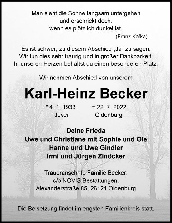Traueranzeige von Karl-Heinz Becker von Nordwest-Zeitung