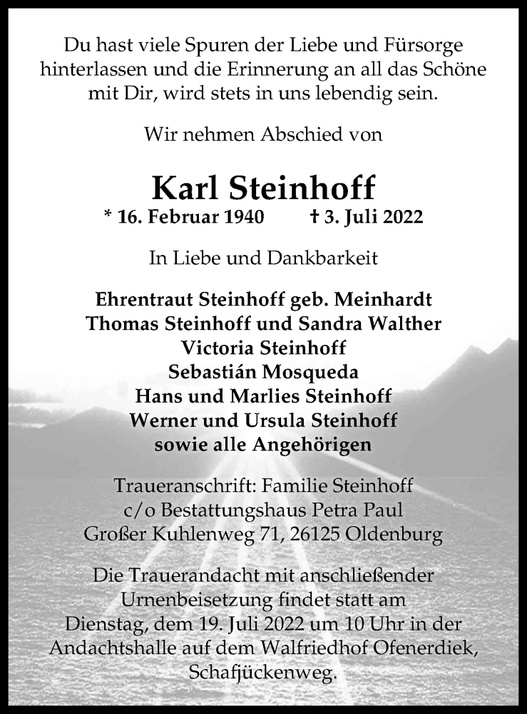  Traueranzeige für Karl Steinhoff vom 09.07.2022 aus Nordwest-Zeitung