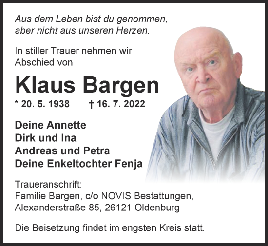 Traueranzeige von Klaus Bargen von Nordwest-Zeitung
