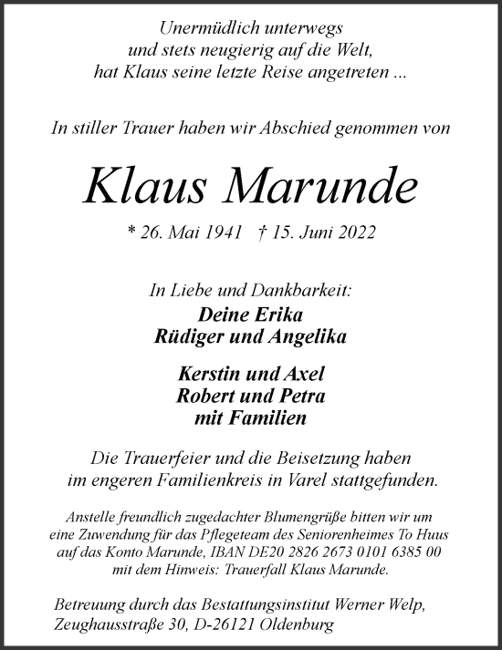 Traueranzeige von Klaus Marunde von Nordwest-Zeitung
