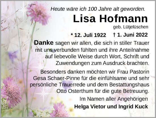 Traueranzeige von Lisa Hofmann von Nordwest-Zeitung