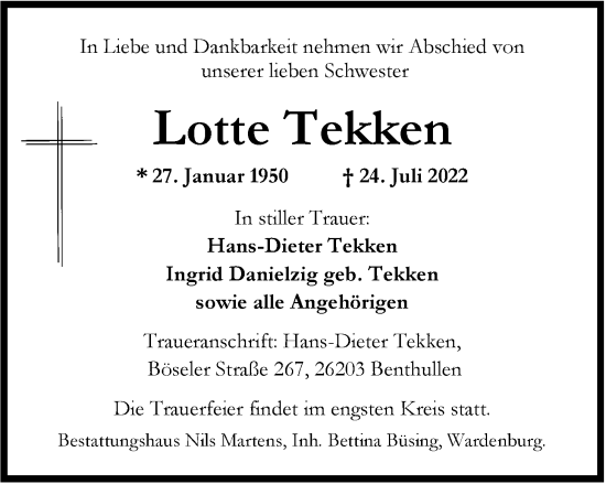 Traueranzeige von Lotte Tekken von Nordwest-Zeitung