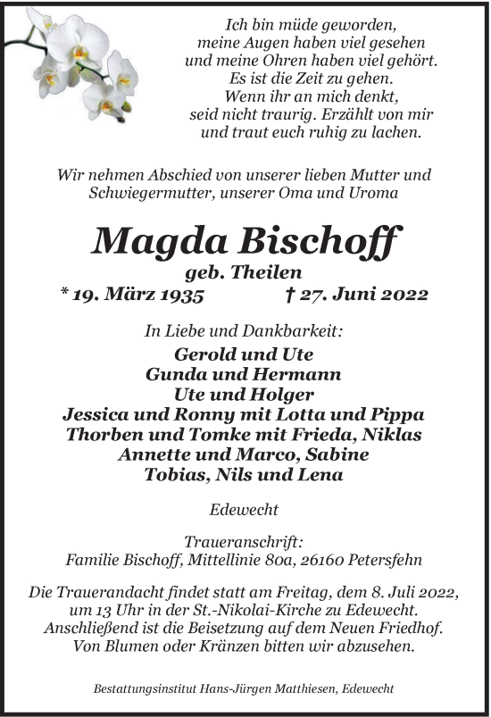 Traueranzeige von Magda Bischoff von Nordwest-Zeitung