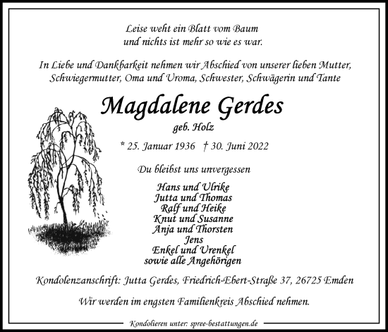Traueranzeige von Magdalene Gerdes von Emder Zeitung