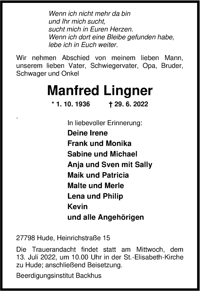  Traueranzeige für Manfred Lingner vom 02.07.2022 aus Nordwest-Zeitung