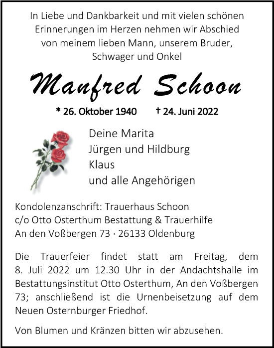 Traueranzeige von Manfred Schoon von Nordwest-Zeitung