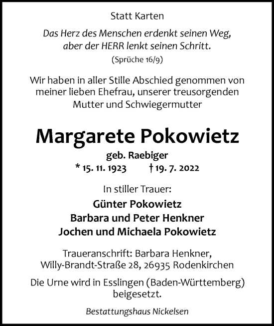 Traueranzeige von Margarete Pokowietz von Nordwest-Zeitung