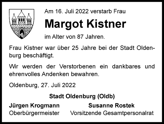 Traueranzeige von Margot Kistner von Nordwest-Zeitung