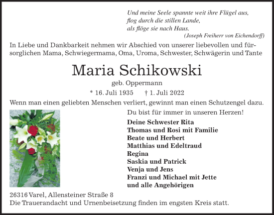 Traueranzeige von Maria Schikowski von Nordwest-Zeitung
