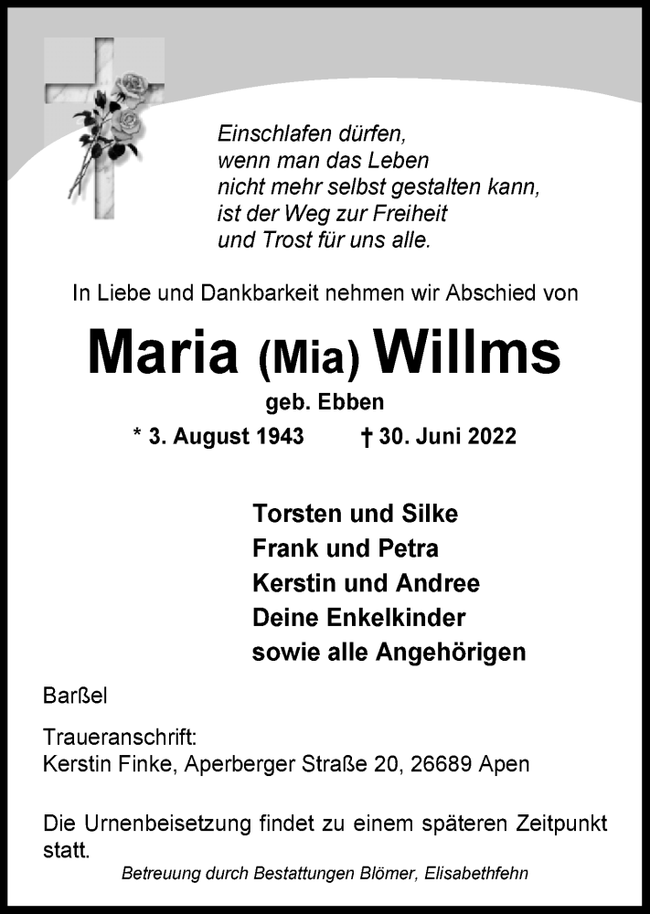  Traueranzeige für Maria Willms vom 02.07.2022 aus Nordwest-Zeitung