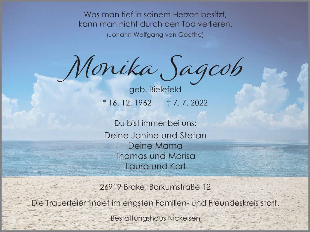  Traueranzeige für Monika Sagcob vom 11.07.2022 aus Nordwest-Zeitung