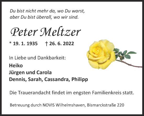 Traueranzeige von Peter Meltzer von Nordwest-Zeitung
