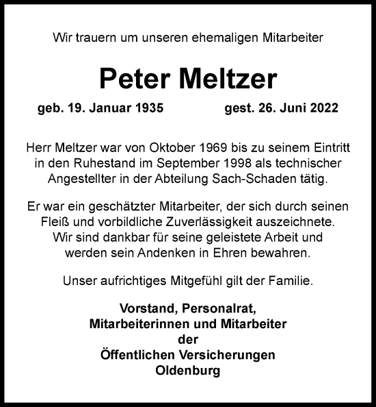 Traueranzeige von Peter Meltzer von Nordwest-Zeitung