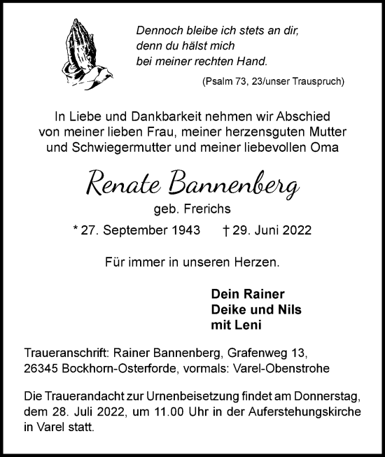 Traueranzeige von Renate Bannenberg von Nordwest-Zeitung