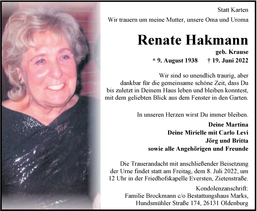  Traueranzeige für Renate Hakmann vom 02.07.2022 aus Nordwest-Zeitung