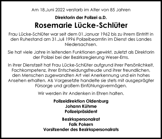 Traueranzeige von Rosemarie Lücke-Schlüter von Nordwest-Zeitung