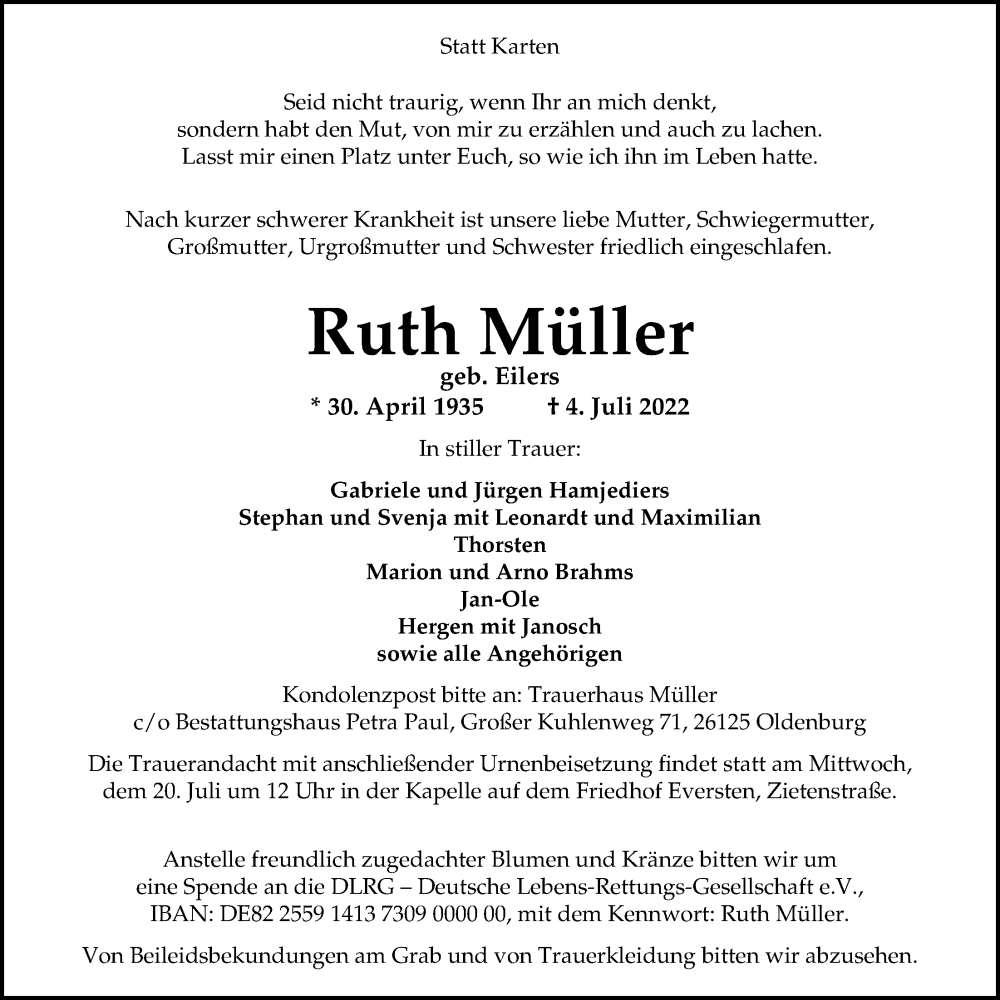  Traueranzeige für Ruth Müller vom 09.07.2022 aus Nordwest-Zeitung