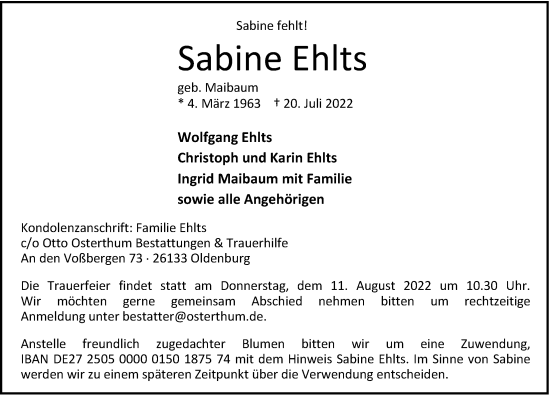 Traueranzeige von Sabine Ehlts von Nordwest-Zeitung