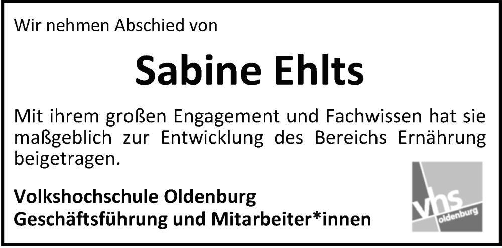  Traueranzeige für Sabine Ehlts vom 28.07.2022 aus Nordwest-Zeitung