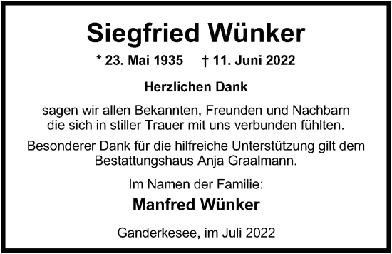 Traueranzeige von Siegfried Wünker von Nordwest-Zeitung