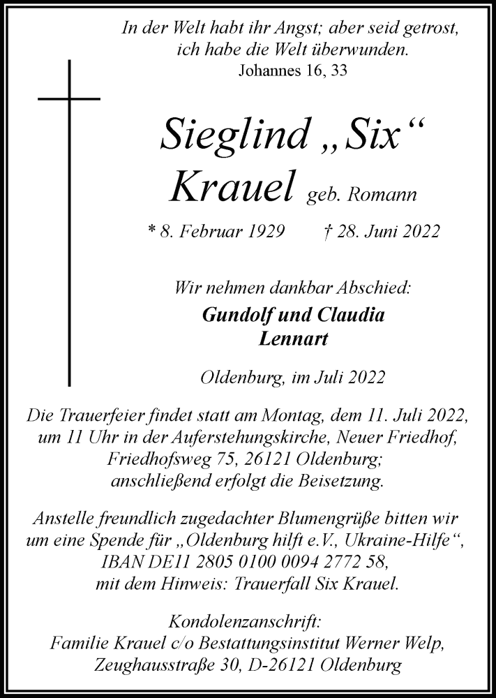  Traueranzeige für Sieglind Krauel vom 05.07.2022 aus Nordwest-Zeitung