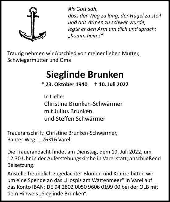 Traueranzeige von Sieglinde Brunken von Nordwest-Zeitung