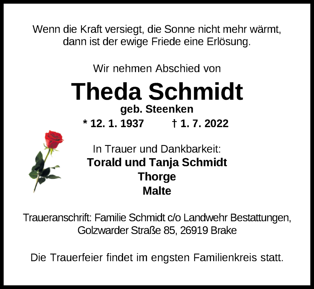  Traueranzeige für Theda Schmidt vom 05.07.2022 aus Nordwest-Zeitung