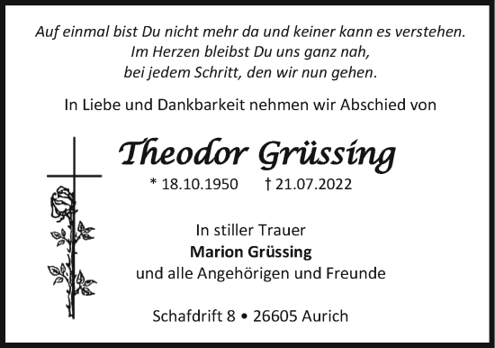 Traueranzeige von Theodor Grüssing von Emder Zeitung