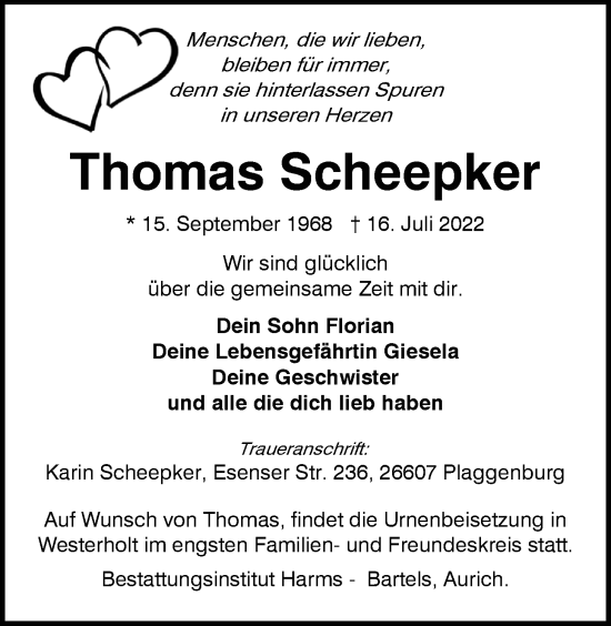 Traueranzeige von Thomas Scheepker von Emder Zeitung