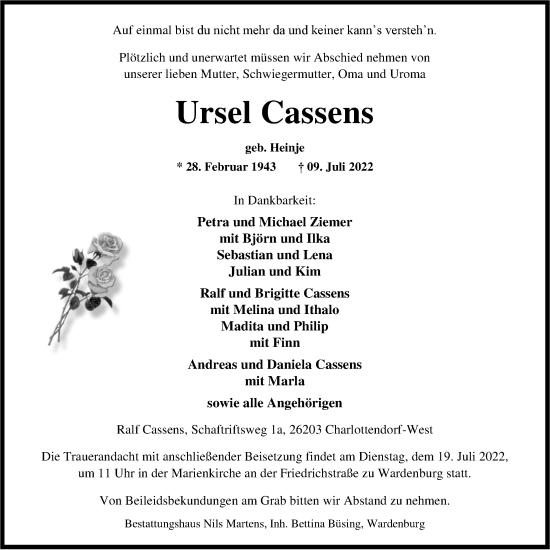 Traueranzeige von Ursel Cassens von Nordwest-Zeitung