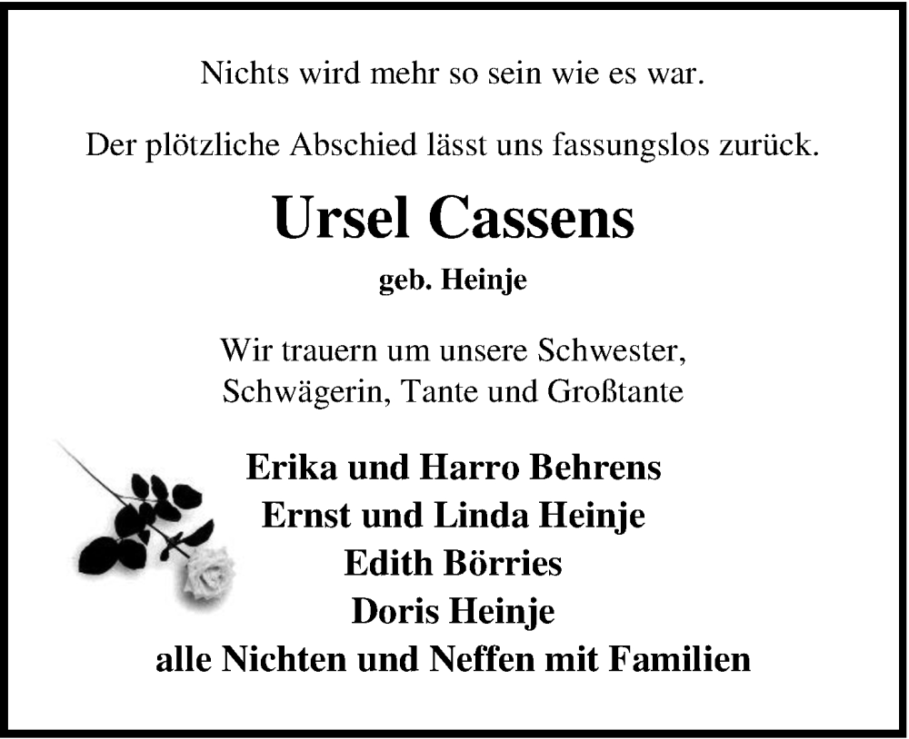  Traueranzeige für Ursel Cassens vom 15.07.2022 aus Nordwest-Zeitung