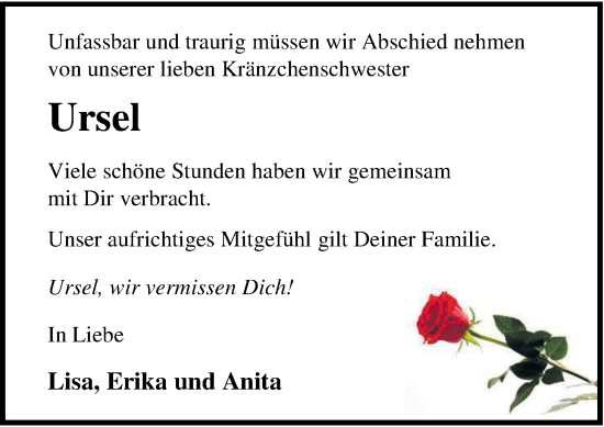 Traueranzeige von Ursel Cassens von Nordwest-Zeitung