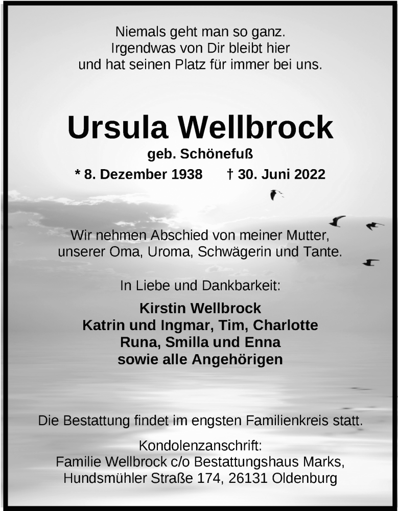  Traueranzeige für Ursula Wellbrock vom 09.07.2022 aus Nordwest-Zeitung