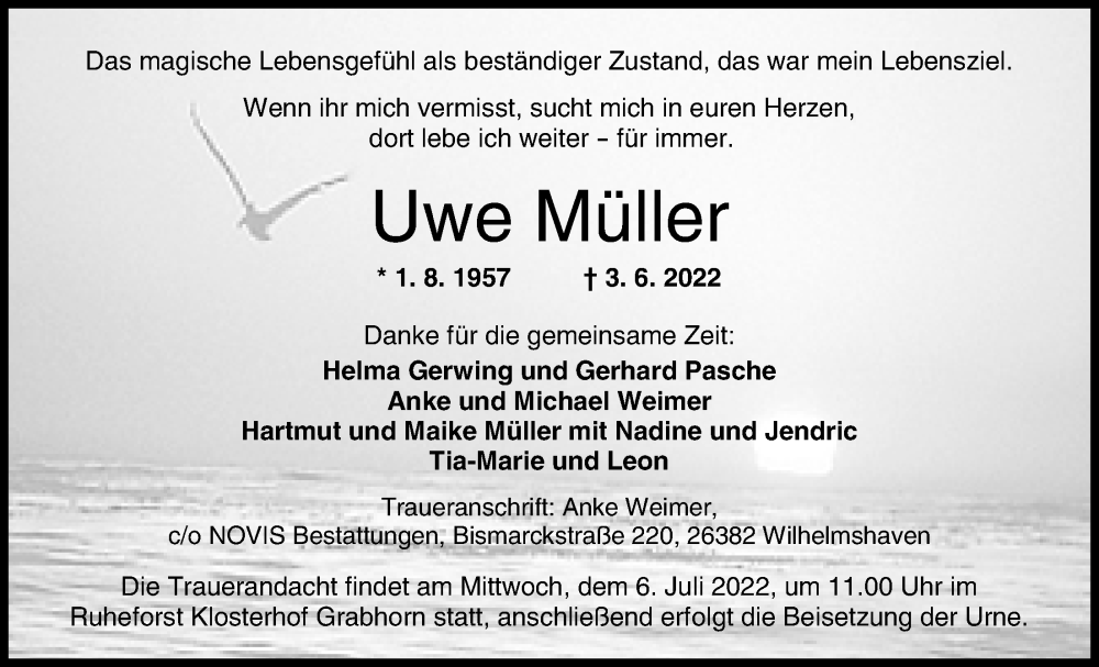  Traueranzeige für Uwe Müller vom 02.07.2022 aus Nordwest-Zeitung