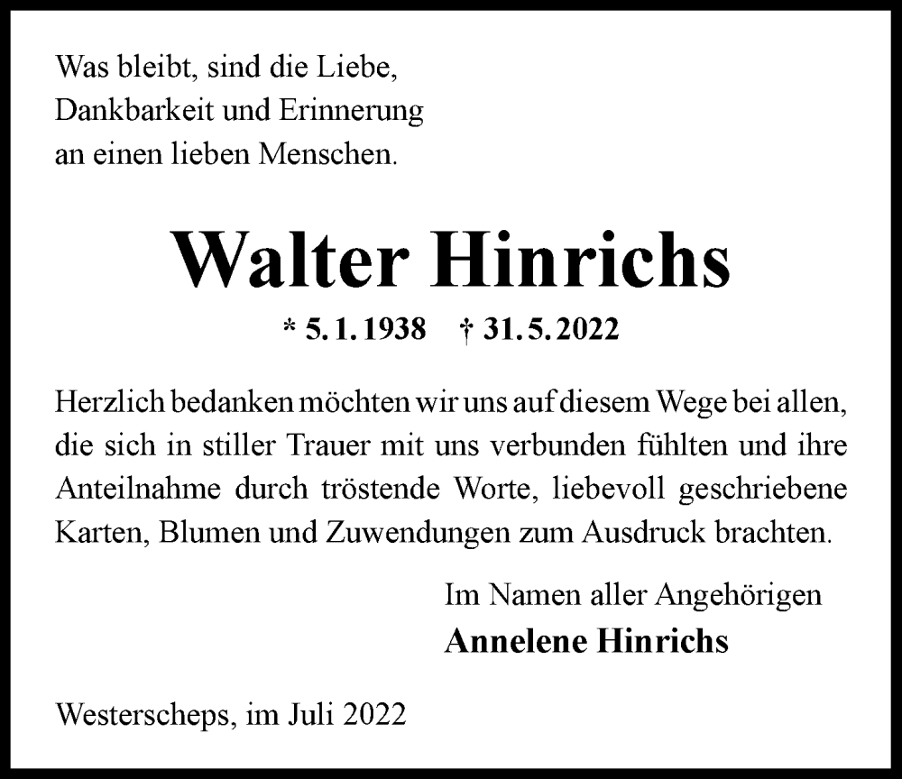  Traueranzeige für Walter Hinrichs vom 29.07.2022 aus Nordwest-Zeitung