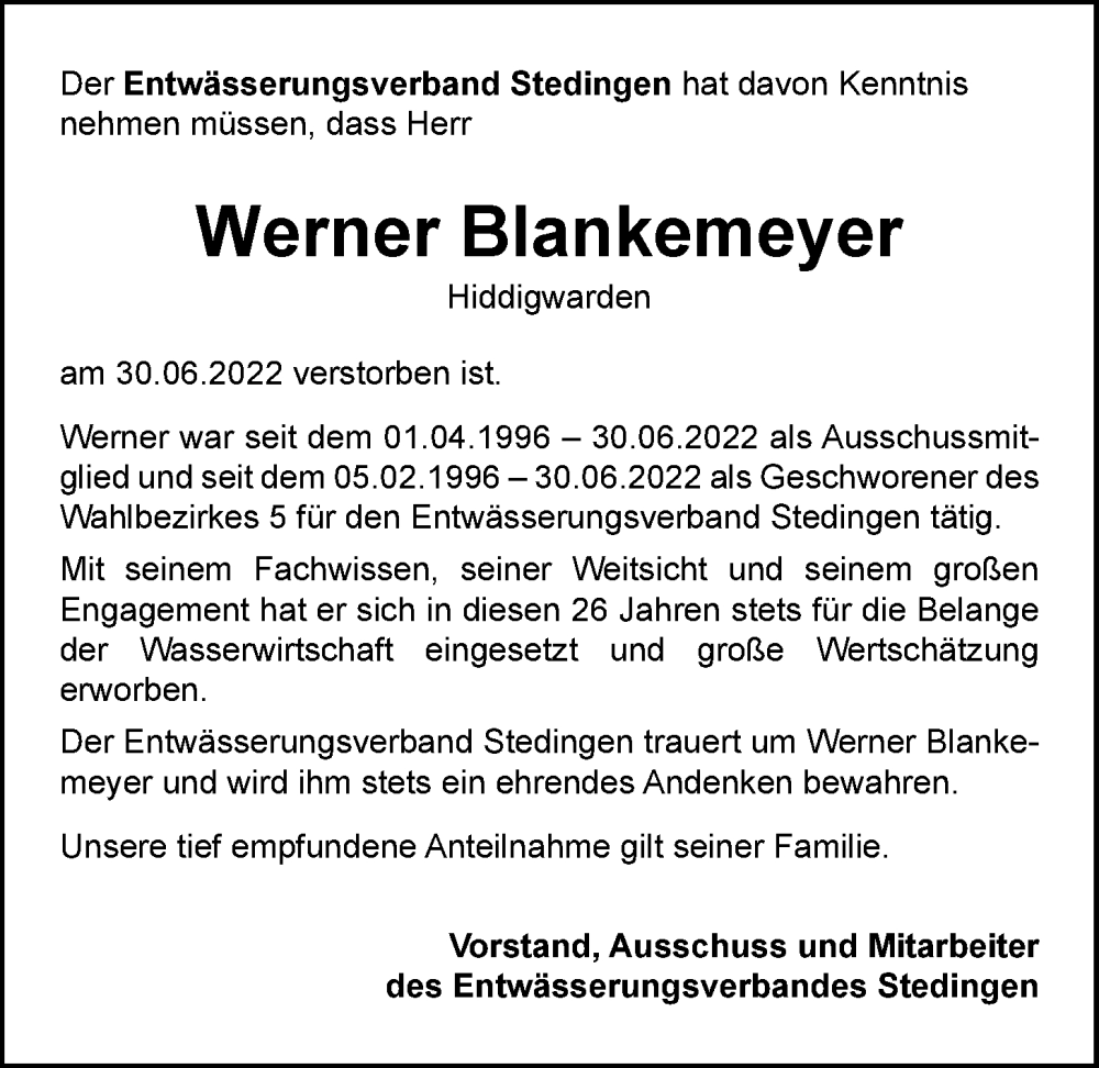  Traueranzeige für Werner Blankemeyer vom 02.07.2022 aus Nordwest-Zeitung