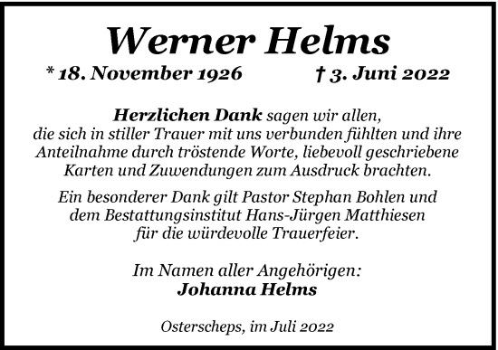 Traueranzeige von Werner Helms von Nordwest-Zeitung