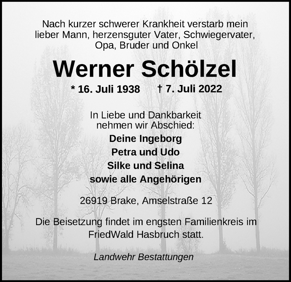  Traueranzeige für Werner Schölzel vom 12.07.2022 aus Nordwest-Zeitung