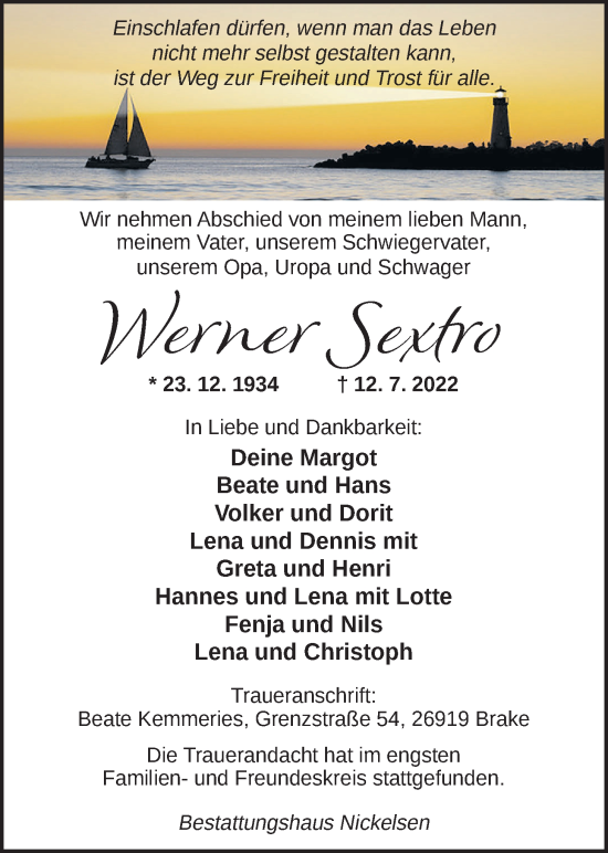 Traueranzeige von Werner Sextro von Nordwest-Zeitung
