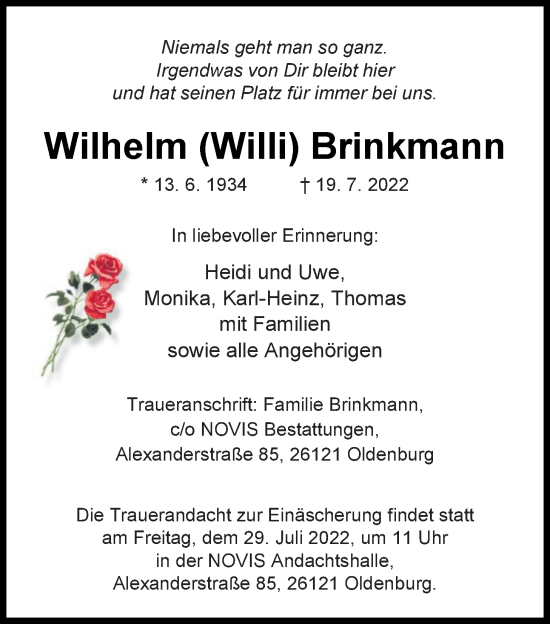 Traueranzeige von Wilhelm (Willi) Brinkmann von Nordwest-Zeitung